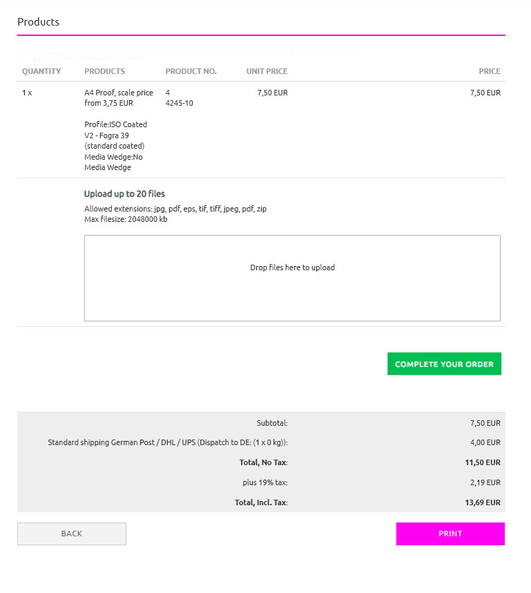 Ihre Proof Bestellung vor dem Datenupload