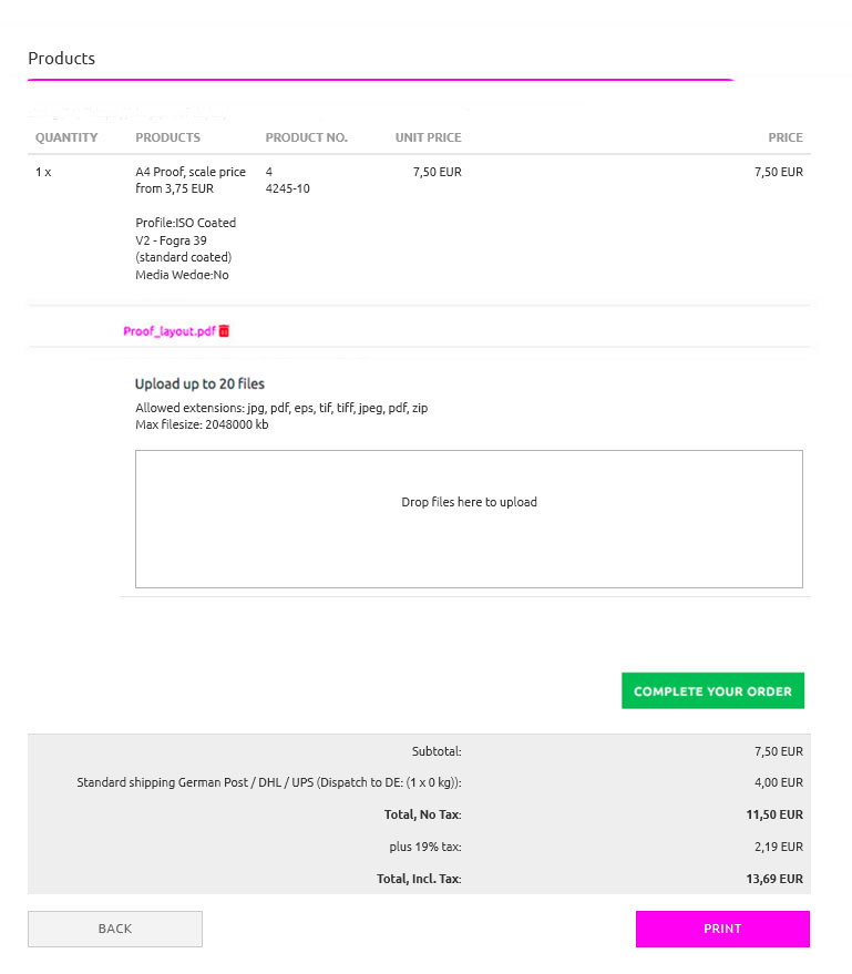 Proof Bestellung nach dem Datenupload
