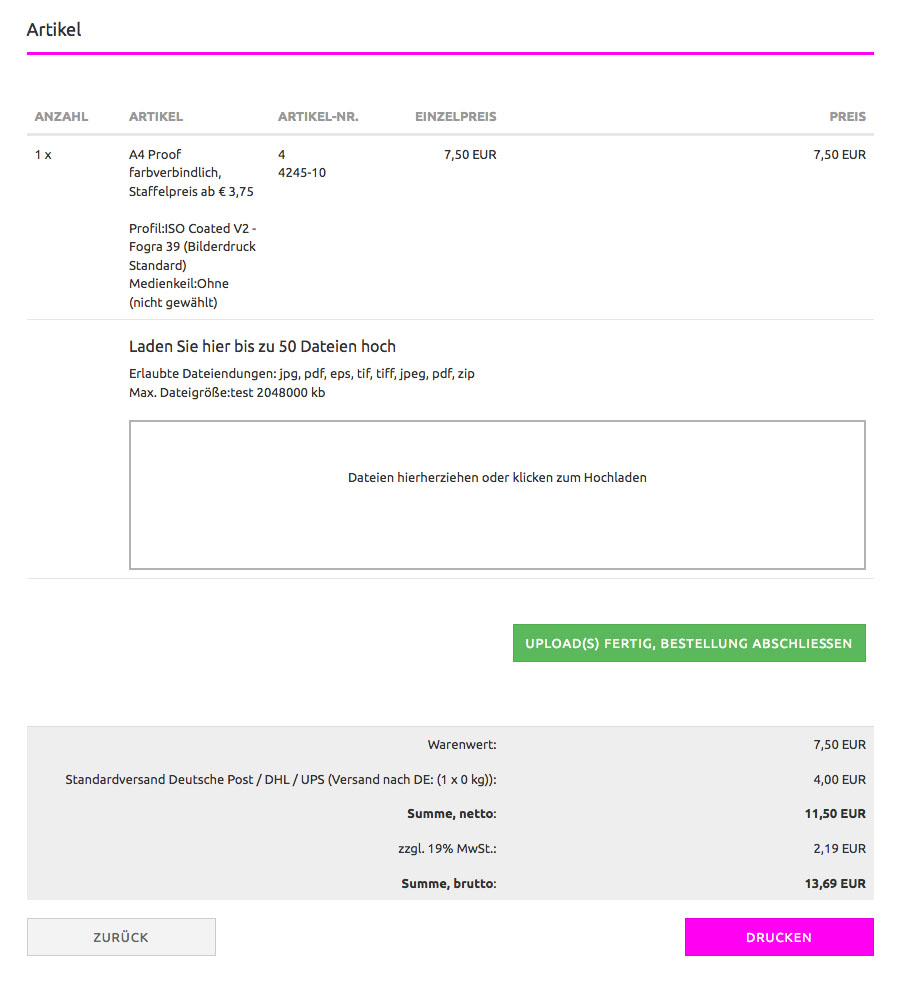 Ihre Proof Bestellung vor dem Datenupload
