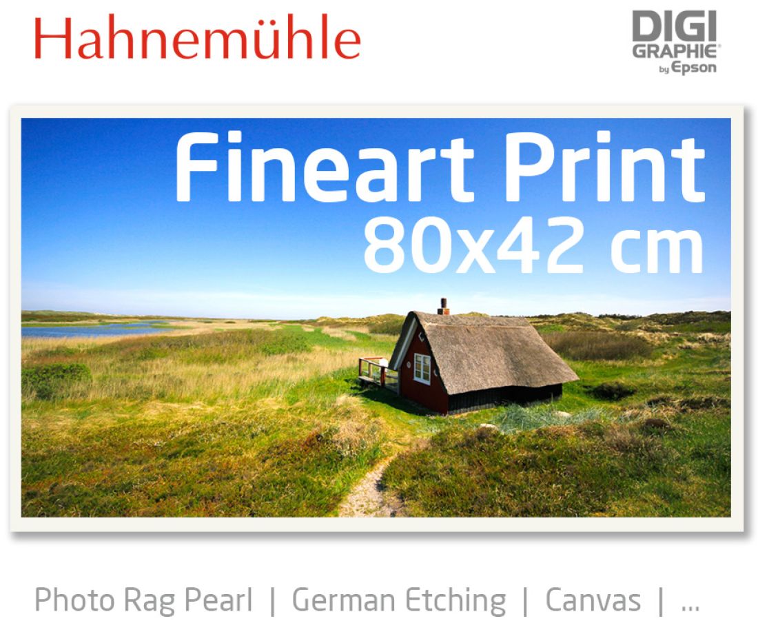 80x42 cm Fineart Druck mit 1440x2880 DPI auf Hahnemühle Fineart-Papieren wie Photo Rag, German Etching, Canvas, Premium Photo Glossy
