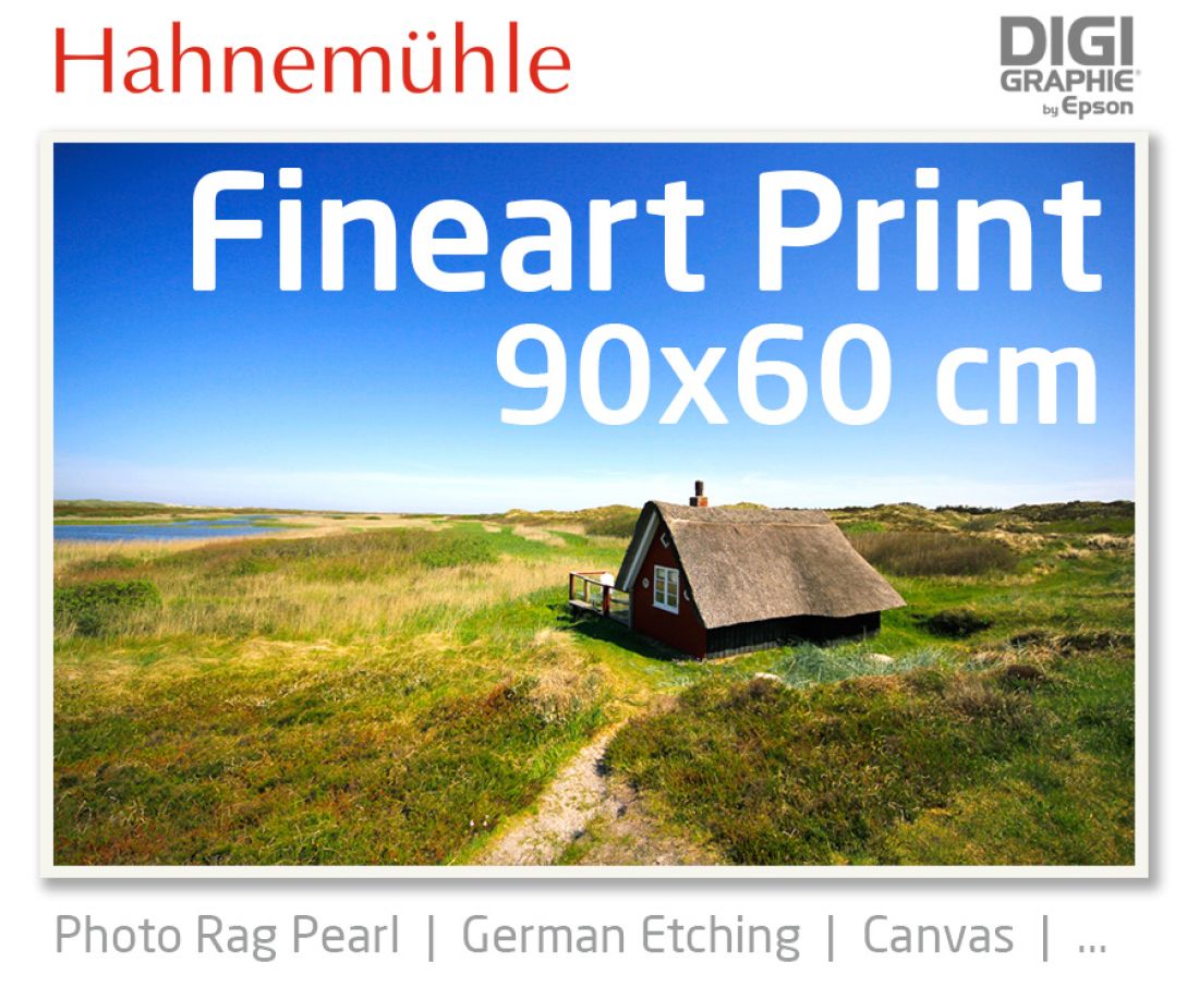 90x60 cm Fineart Druck mit 1440x2880 DPI auf Hahnemühle Fineart-Papieren wie Photo Rag, German Etching, Canvas, Premium Photo Glossy
