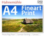DIN A4  Fineart Druck mit 1440x2880 DPI auf Hahnemühle Fineart-Papieren wie Photo Rag, German Etching, Canvas, Premium Photo Glossy