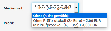 Direkt beim Artikel können Sie einen UGRA/Fogra Medienkeil pro Seite auswählen