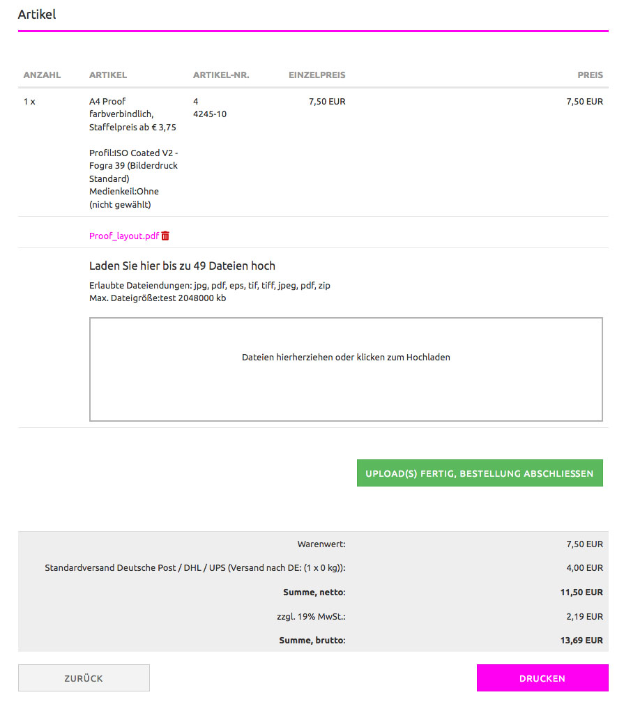 Proof Bestellung nach dem Datenupload